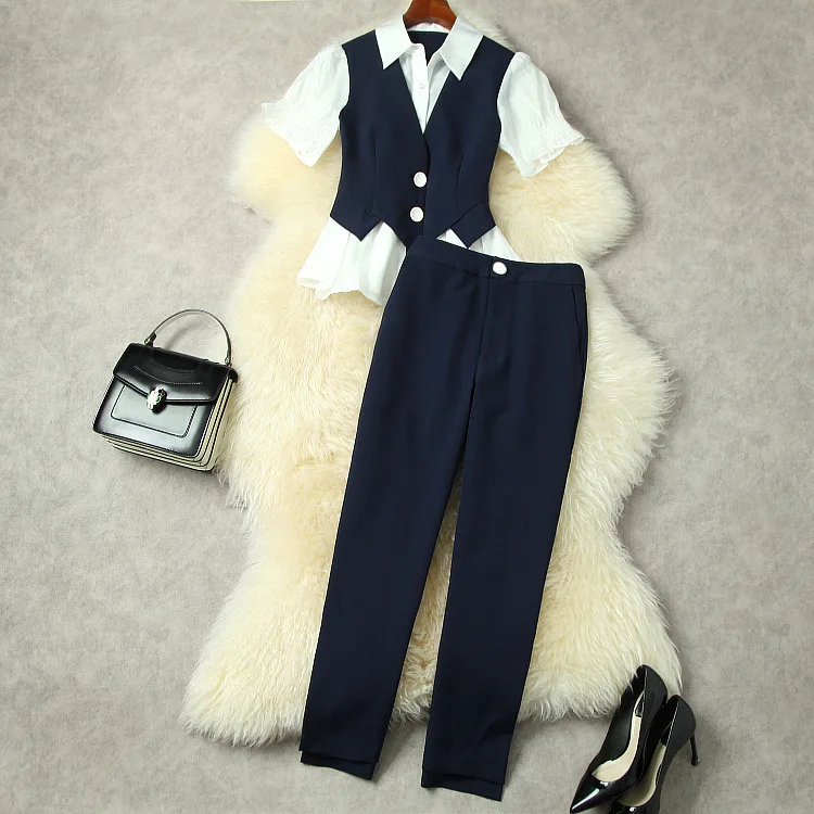 

European and American women's wear spring 2022 new Short sleeve lapel stitching T-shirt Nine minutes of pants Fashion suits