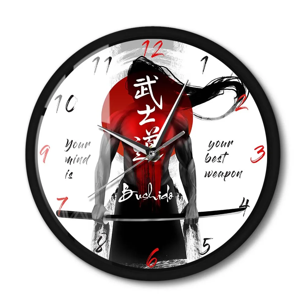

Samurai With Katana Sword Japanese Calligraphy Bushido Metal Frame Wall Clock Silent Martial Arts Man Cave Wall Watch Home Decor