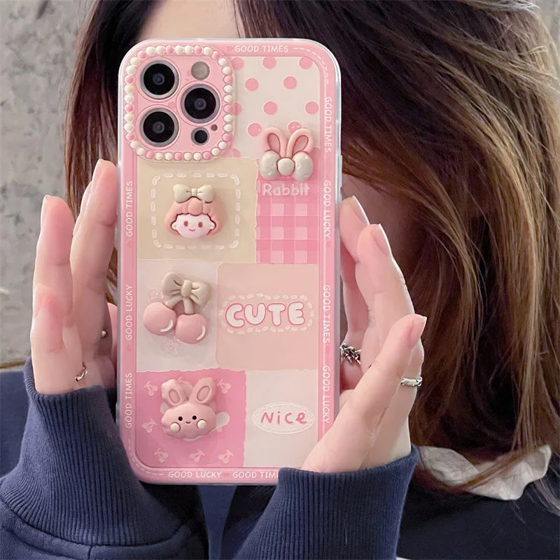 

Cute 3D Girl Bunny Rabbit Cherry Bow Pink Phone Case For iPhone 11 12 13 Pro Max X XR XS Max Kawaii Back Cover