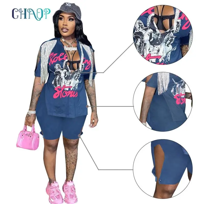 

Sexy 2 Piece Set Women Clothes Casual Print Tracksuit Hip Hop Street Split Top Biker Shorts Set Lounge Matching Sets Outfits
