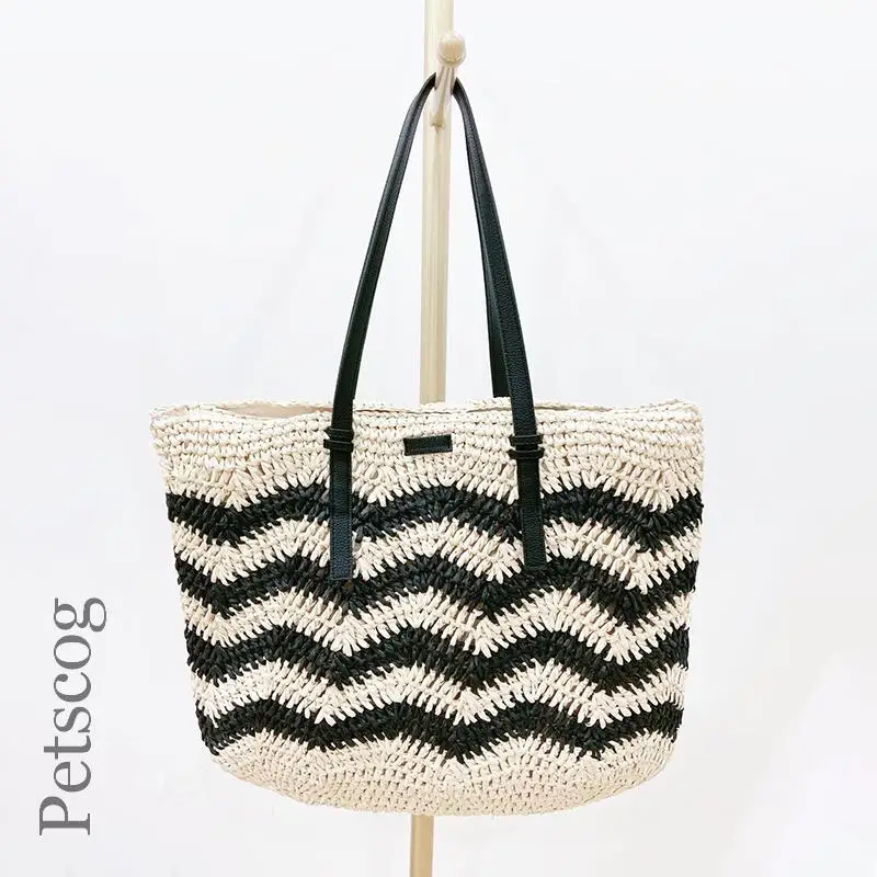 

Women's Shoulder Bag 2022 stripe stitched Large Capacity Shopping Beach Handbags Summer Handmade Straw Knitted Bags For Women