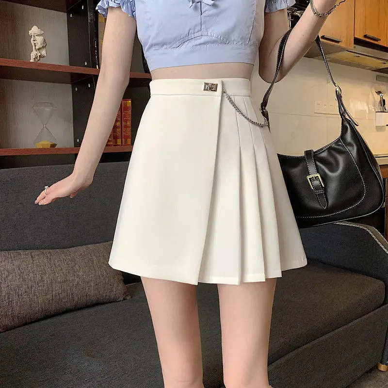 Spring 2022 new college style pleated skirt design irregular  women's high waist thin a-line skirt Solid Casual Cotton empire