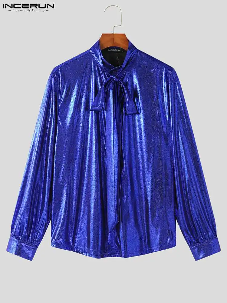 Fashion Casual Tops INCERUN New Men Well Fitting Glitter Tie Blouse Party Shows Male Long Sleeve Reflective Coating Shirts S-5XL