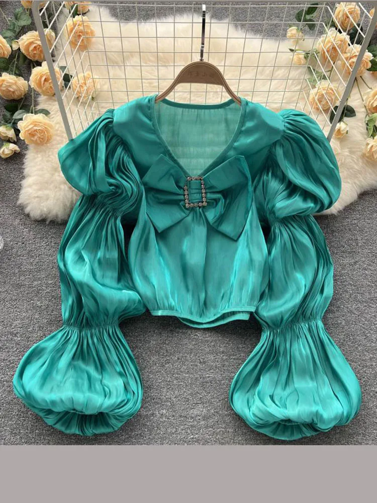 Женская блузка со стразами универсальная плиссированная короткая рубашка во