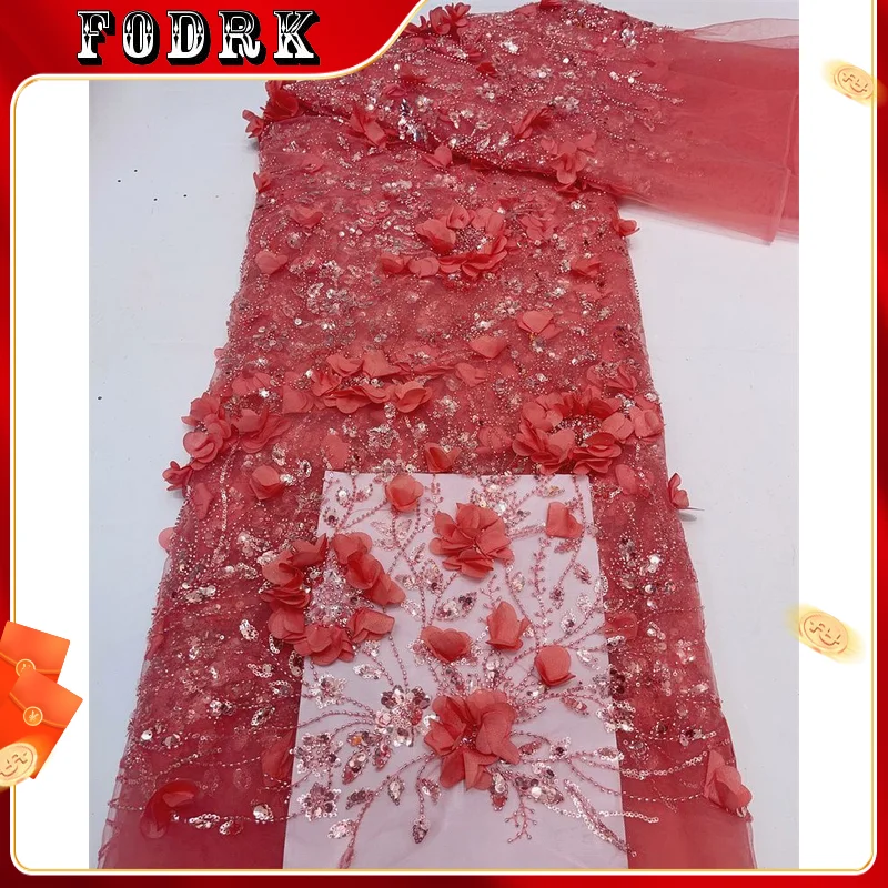 

Luxurious African Sequins Beaded Groom Tulle Lace Fabric 2023 High Quality Embroidery French Mesh 3D Flower Lace Party Dress