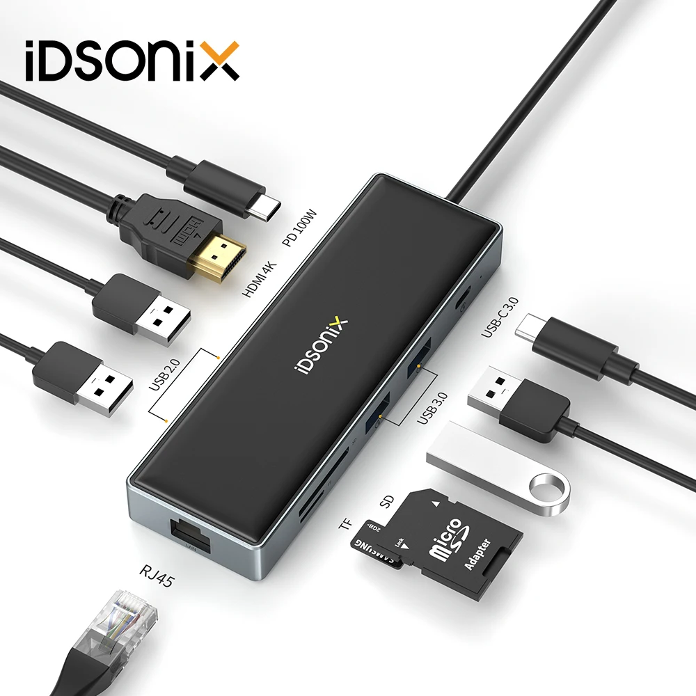 

iDsonix 10 in 1 Portable Dongle with 4K HDMI USB C Hub Multiport Adapter PD Charger SD/Micro SD Card Reader Compatible for Mac