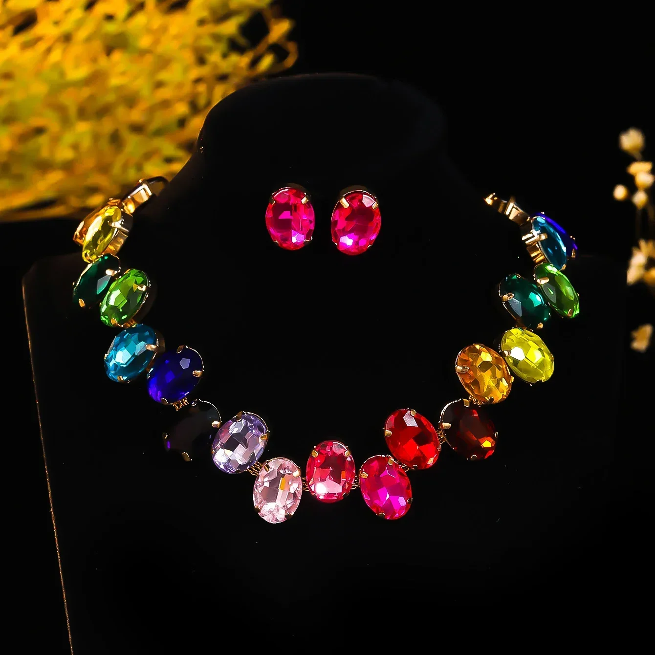 Design sense of colorful geometric oval rhinestone necklace earrings two-piece fashion exquisite personality jewelry set