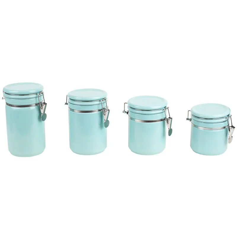 

Dazzling Turquoise Piece Ceramic Canisters with Easy Open Air-Tight Clamp Top Lid and Wooden Spoons - Perfect Container for Home
