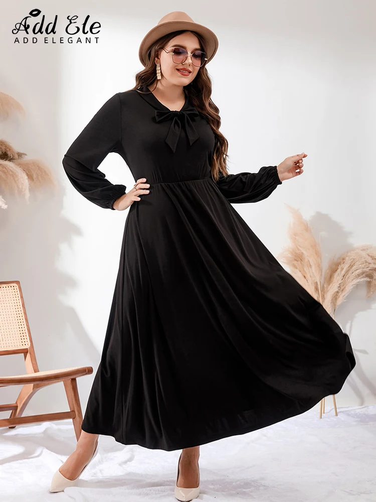 Add Elegant Plus Size Dress Women 2022 Autumn Gentle Casual Bow V-Neck Stylish Long Lantern Sleeves Loose Clothing B869