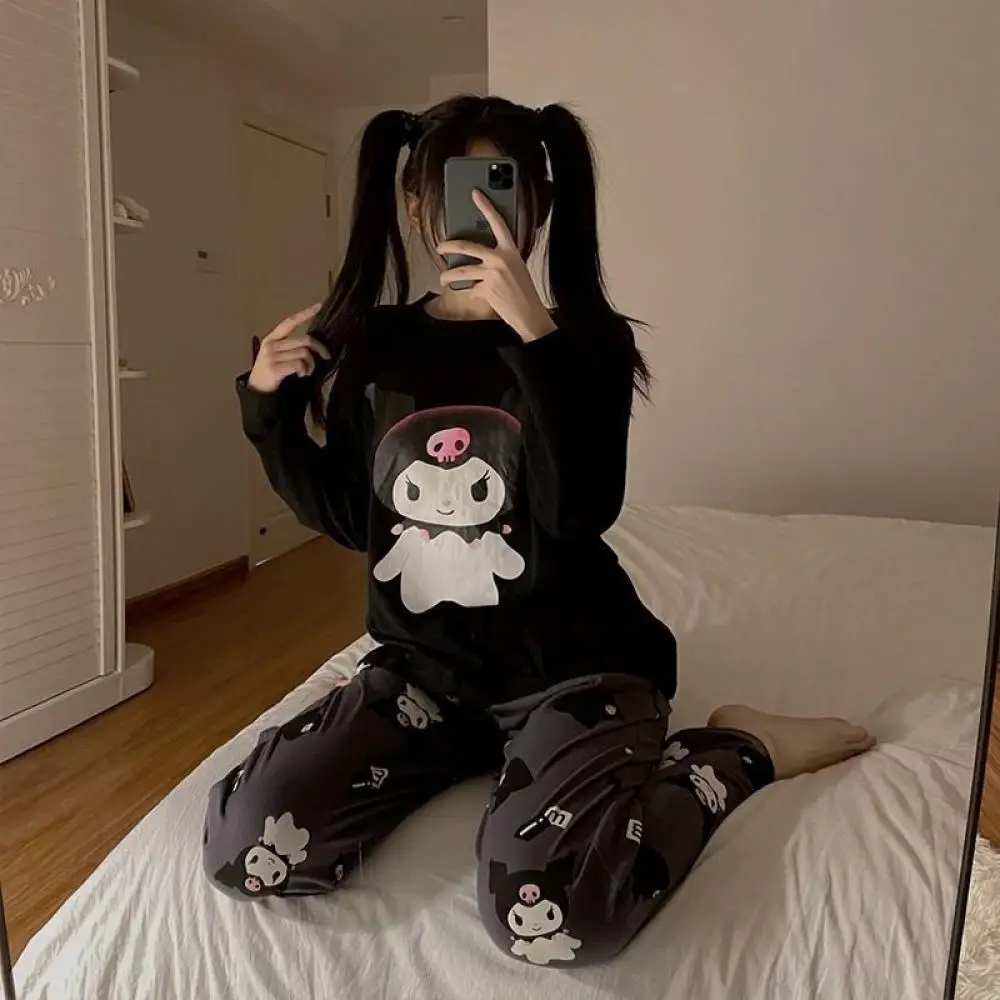 Kawaii Kuromi 2 шт. Пижамный костюм Sanrio понравико Женские аниме брюки с длинным рукавом