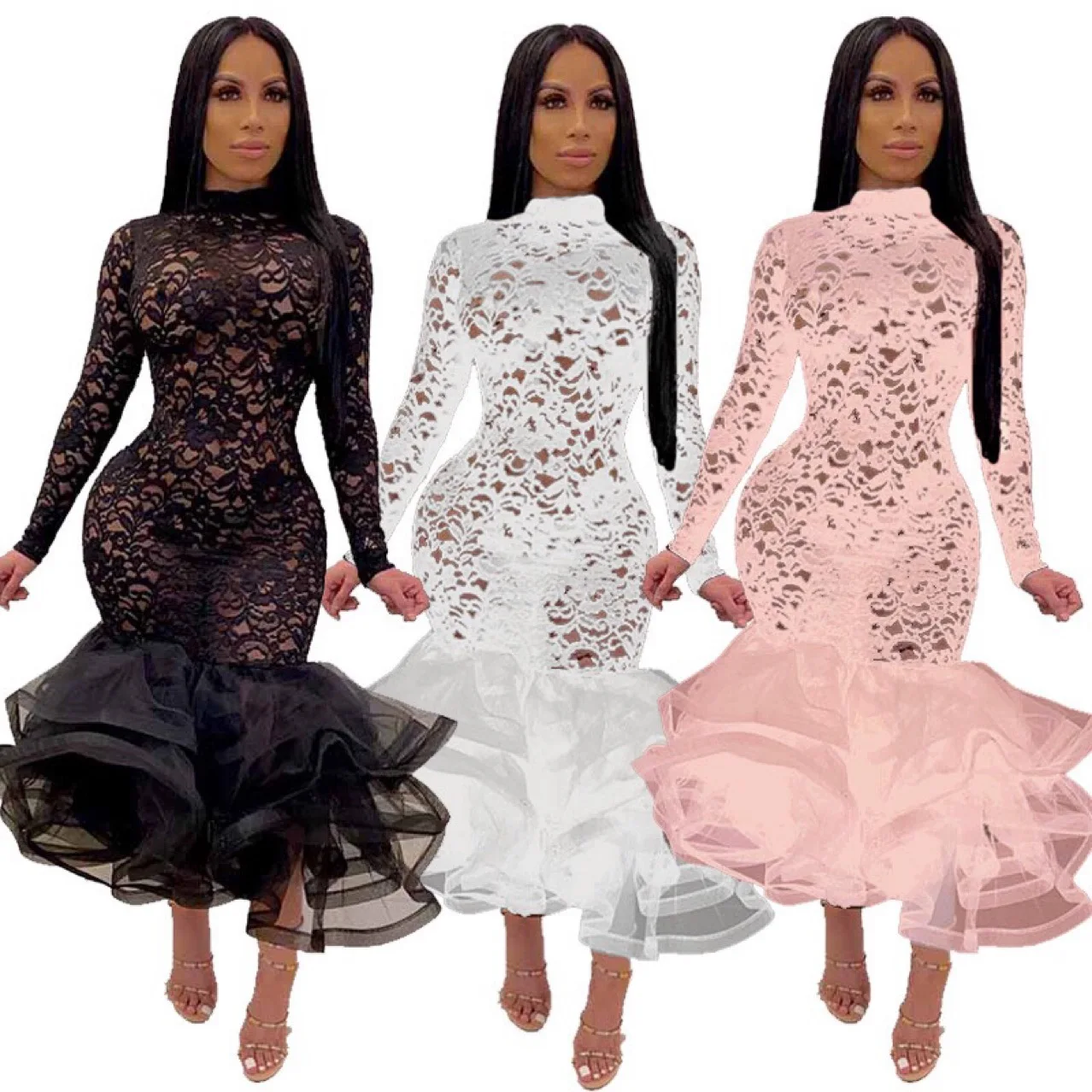 

High Elasticity Multi-color Explosive Models Sexy See-through Lace Dresses for Women Evening Party Dress Elegant K9575