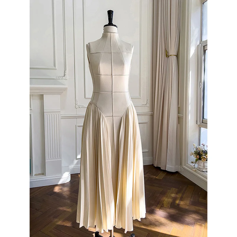 Elegant Stand Collar Sleeveless Long Dress Women High Quality Clothing Splice Pleated Hem Beautiful Robe 2023 Spring Summer Y648