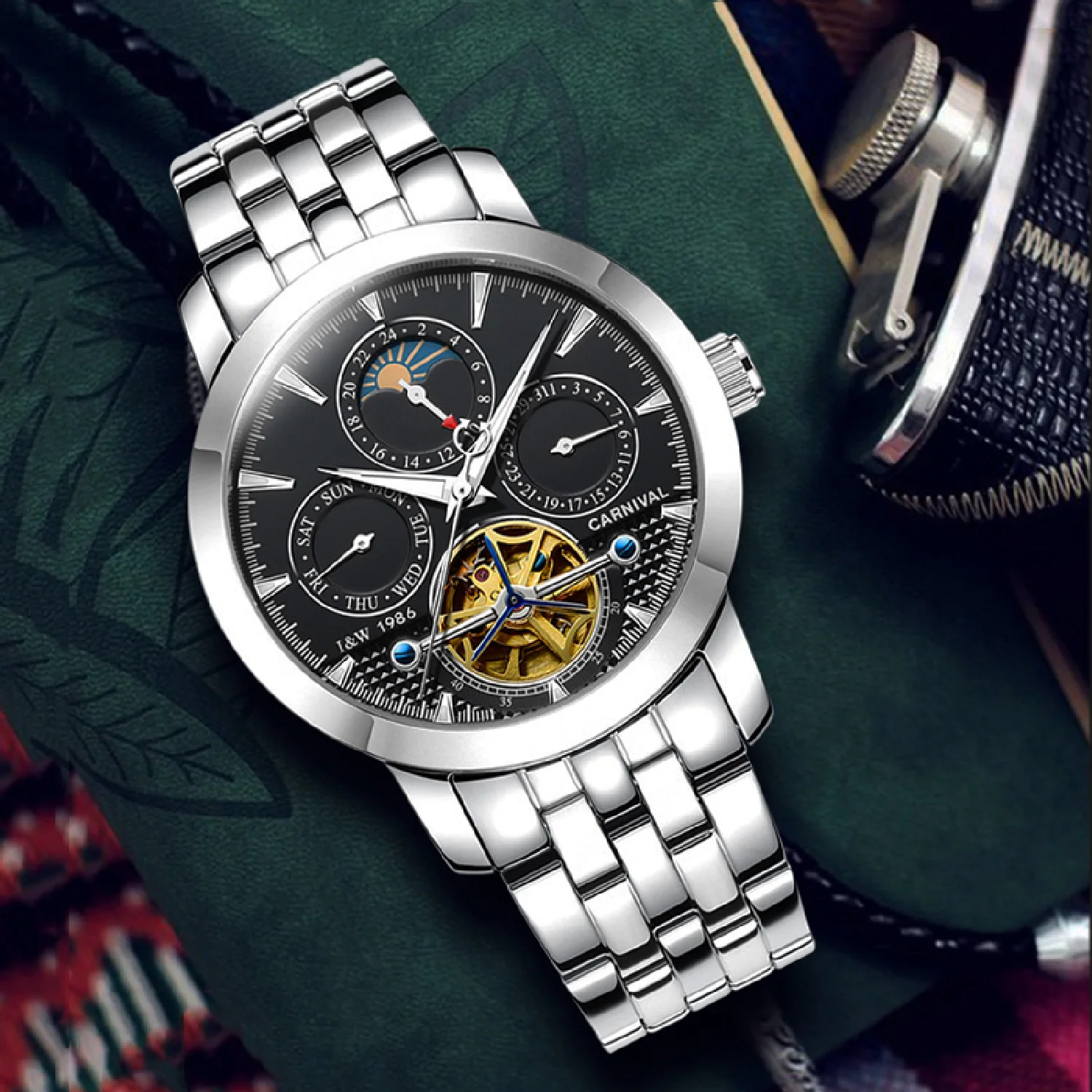 

CARNIVAL Top Brand Luxury Steel Watches Business Automatic Mechanical Waterproof Sport Men Tourbillon Watch Relogios Masculinos