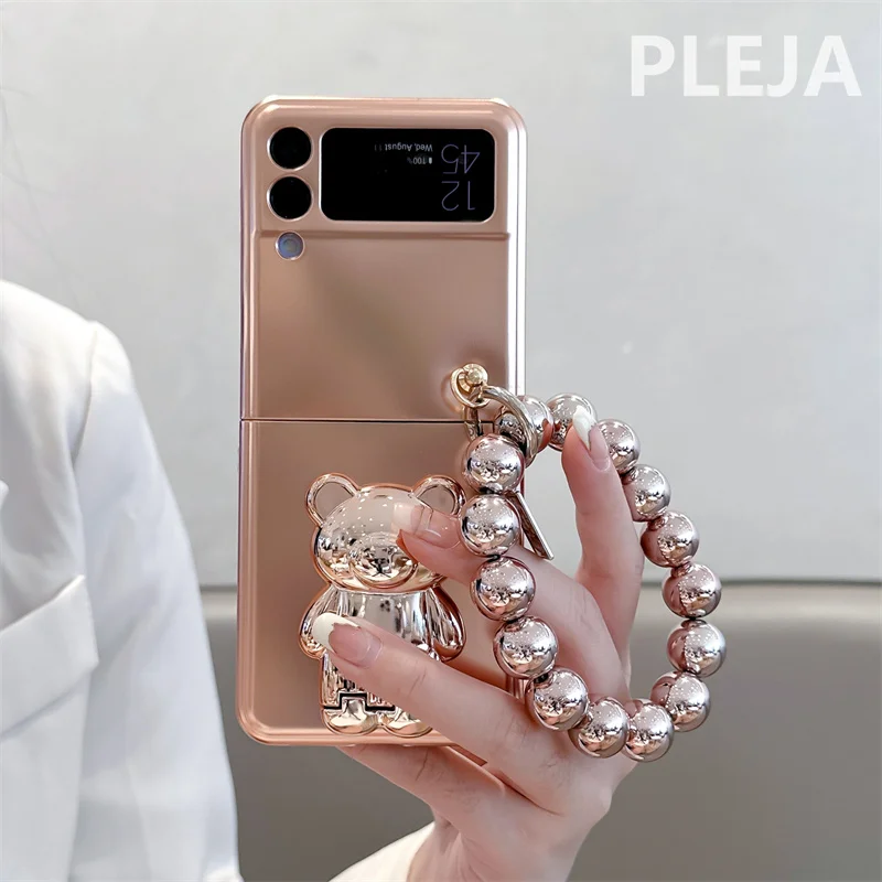 

Luxury Plating Bronze Color Cute Bear Stand Phone Case For Samsung Galaxy Z Flip 4 3 Z Flip3 Flip4 5G Cover with Chain Soft Capa