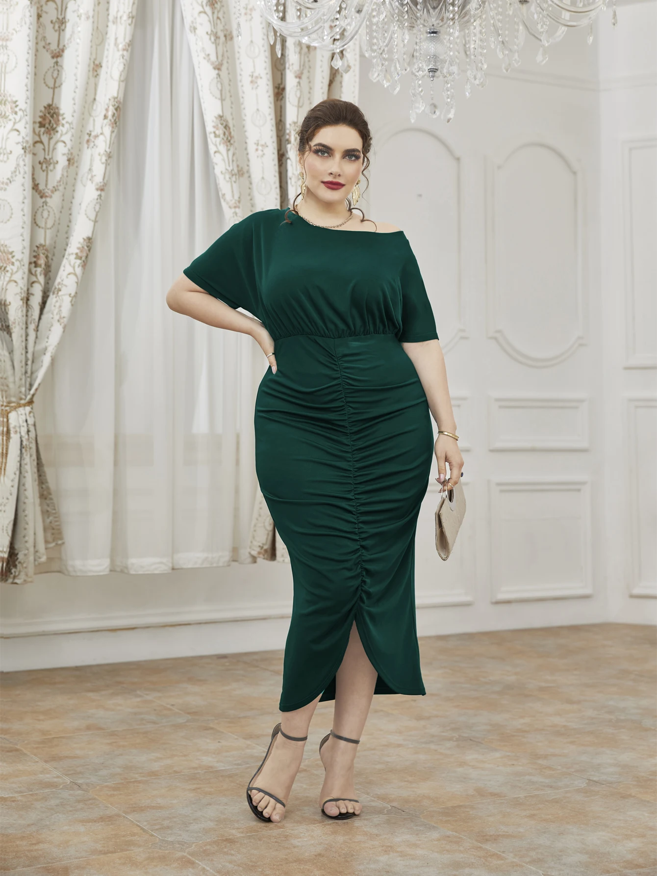 Add Elegant Plus-size folding off-the-shoulder slit elegant sexy slim dress