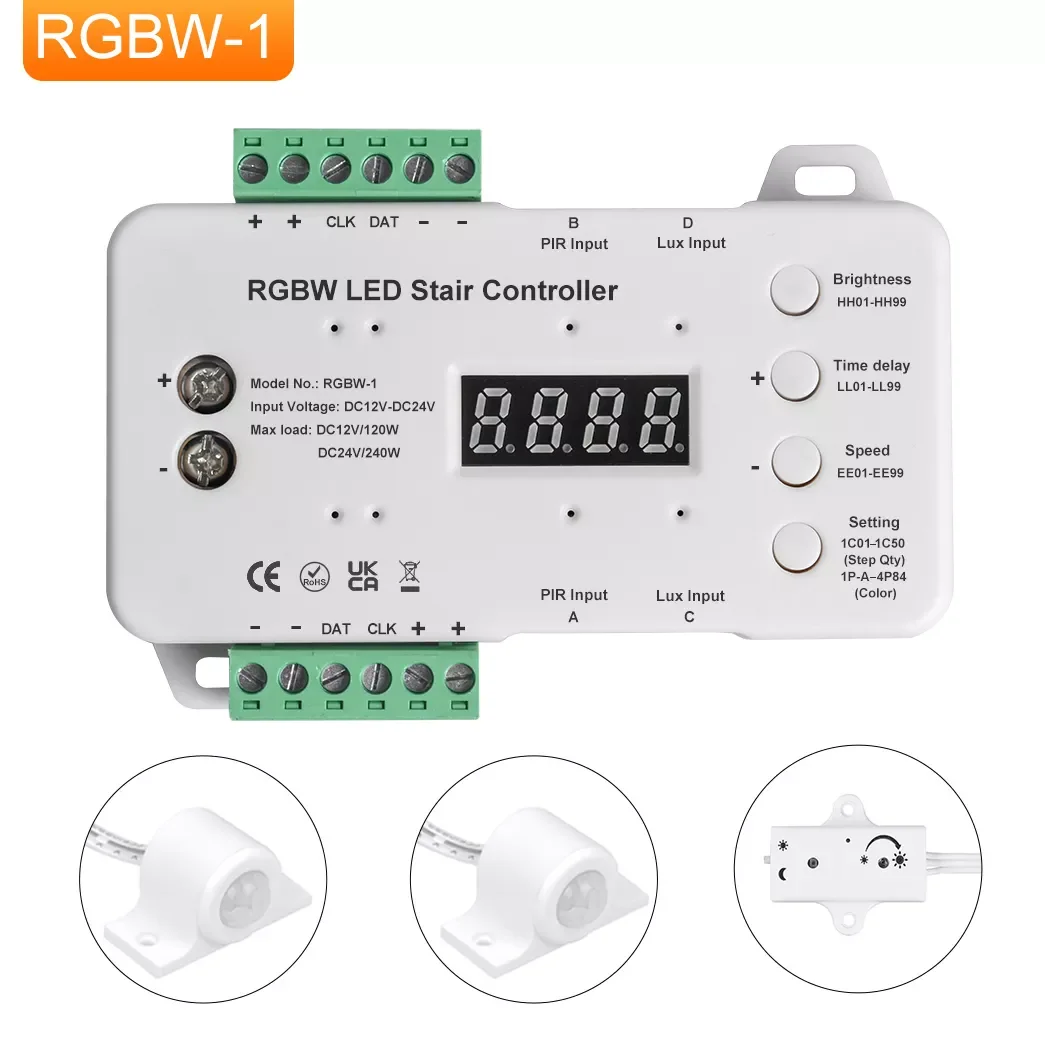 16 Steps RGBW LED Stair Lighting Controller With PIR Motion And Daylight Sensor For Staircase Light Decoration