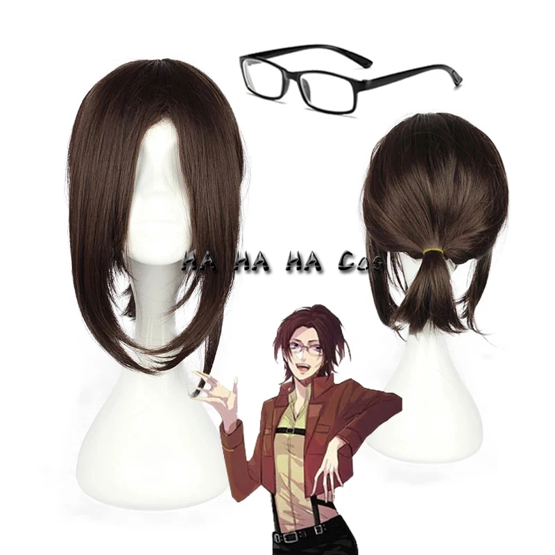 

Парик Hanji Zoe для косплея из аниме «атака на Титанов», очки с темно-коричневыми синтетическими волосами для Хэллоуина, вечеринки, реквизит для...
