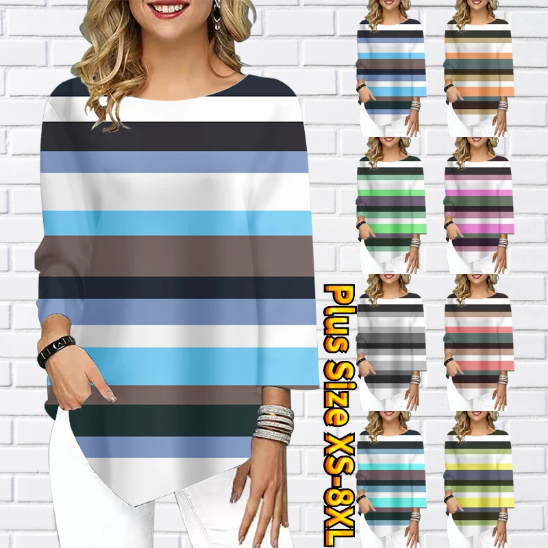 

2023 New Spring Autumn Women T-shirt Fashion Tops Round Neck Stripe Printing Long Sleeve Elegant Pullover Everyday Trend Tee