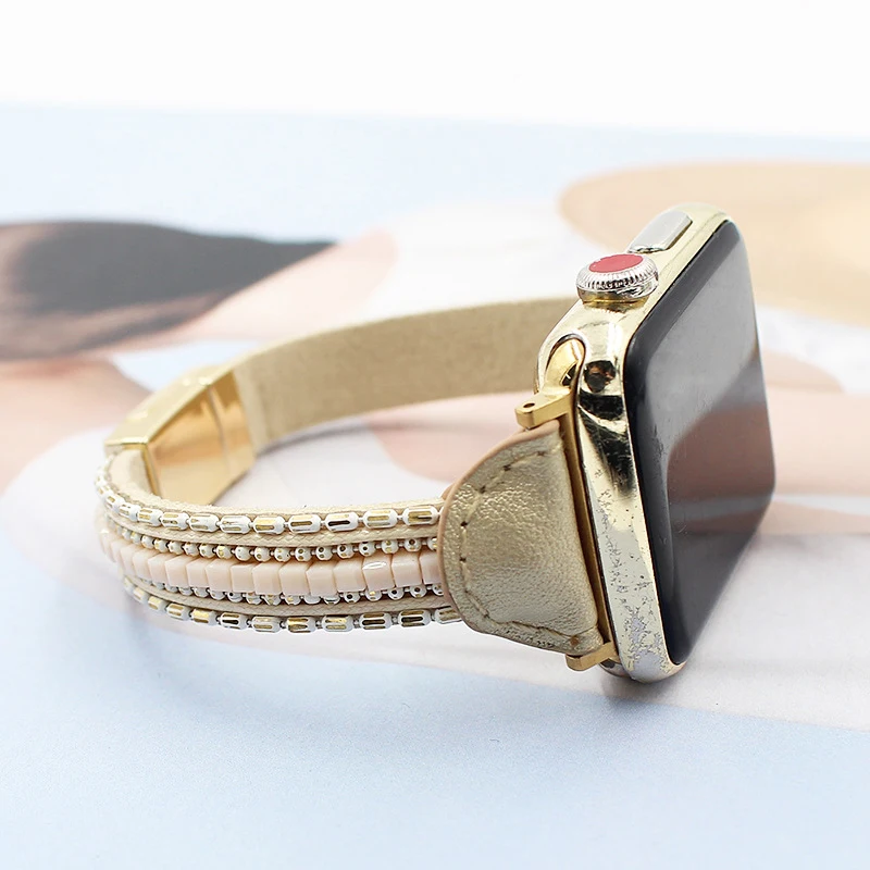 Фото Ремешок кожаный для Apple Watch band 44 мм 40 мм 42 мм 38 мм, браслет для смарт-часов iwatch series 6 5 4 3 se 7 45 мм 41 мм, бусины №2