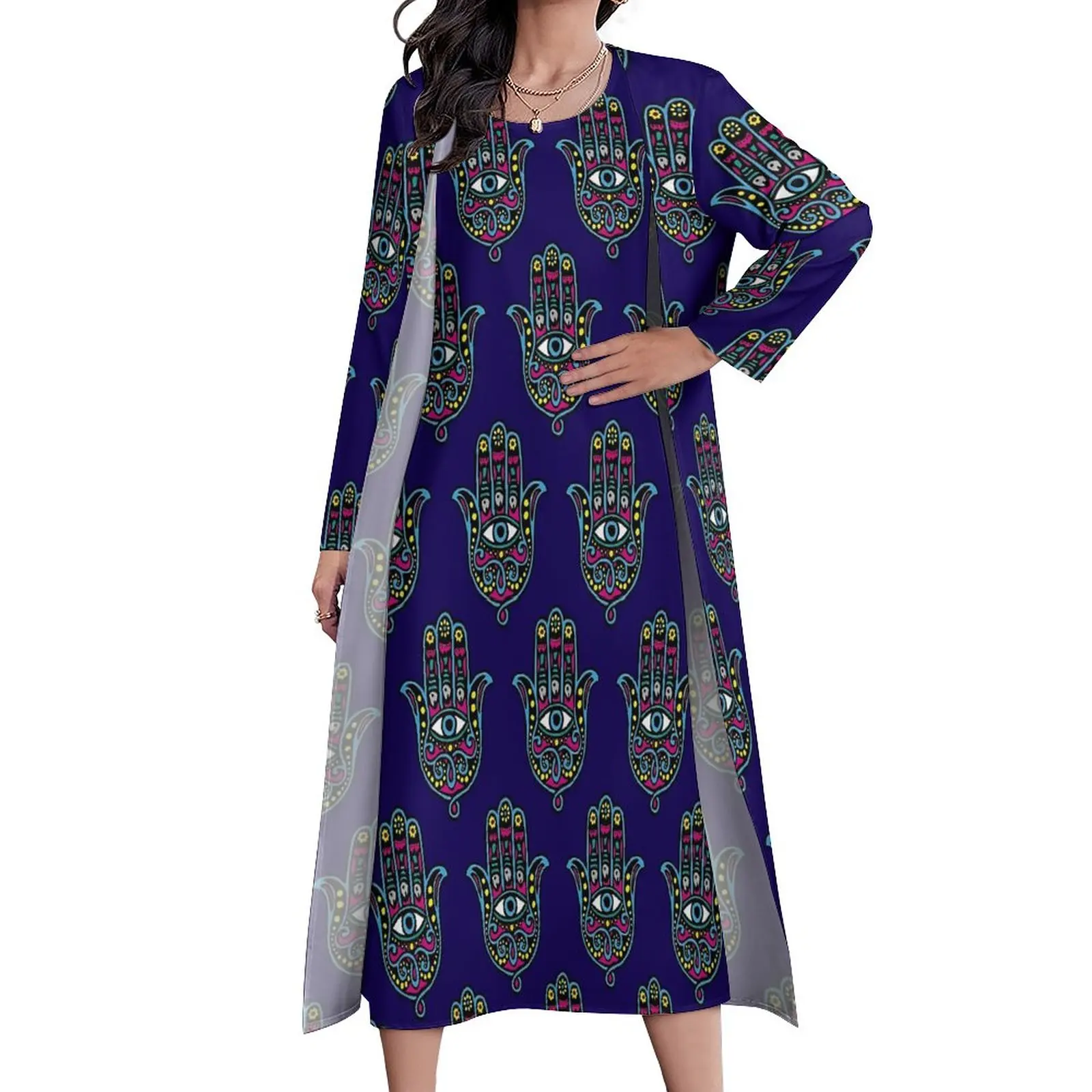 

Hamsa Hand Print Dress Hand of Fatima Trendy Maxi Dress Streetwear Boho Beach Long Dresses Autumn Two Piece Graphic Clothing