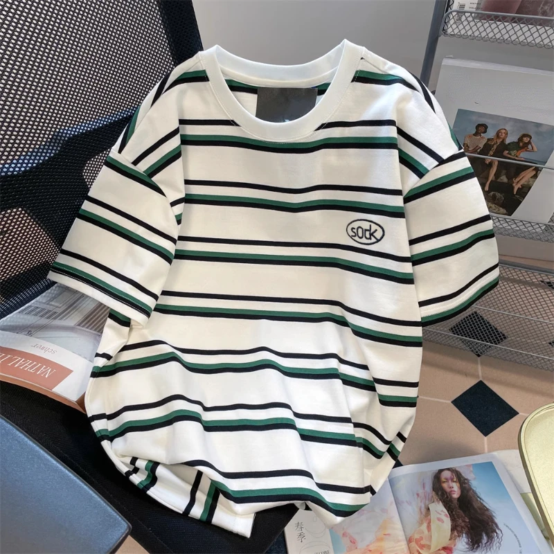 

American Retro Chic Contrast Color Tees Striped Summer Women Casual T-shirts Loose High Street Camisetas O-Neck Half Sleeve
