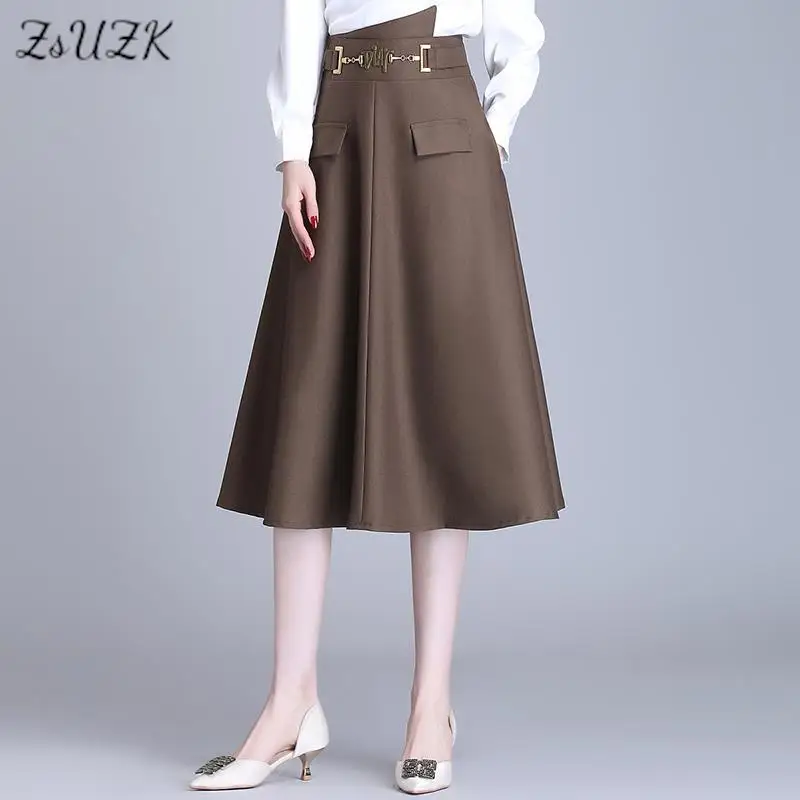

ZUZK Women Solid OL Skirts New Spring Autumn High Waist Female Elegant A-Line Mid-Long Black Skirt