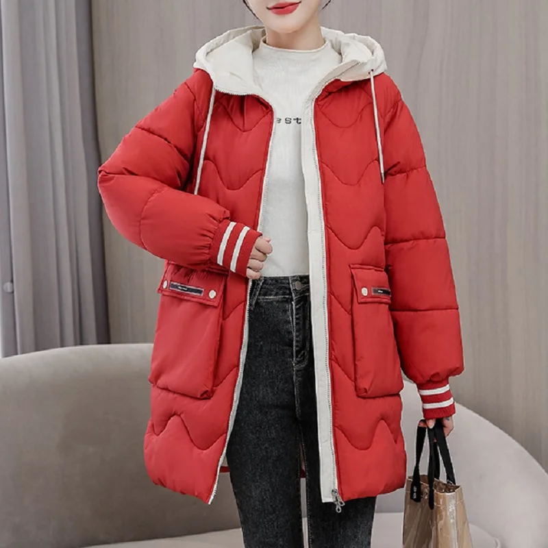 

Пуховые парки, женская зимняя куртка с капюшоном, женские корейские толстые свободные длинные цветные контрастные хлопковые топы, женские ...