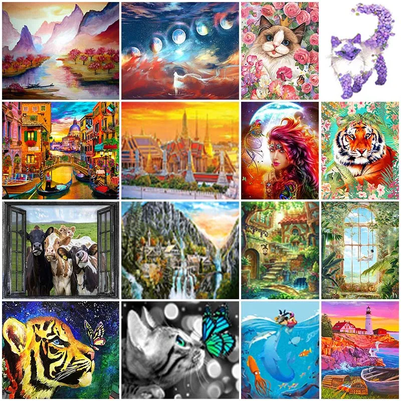 

DIY 5D Diamond Painting Seascape Tiger Cat Window Cows Landscape Beauty Embroidery Mosaic Art Picture of Rhinestones Decor Gift