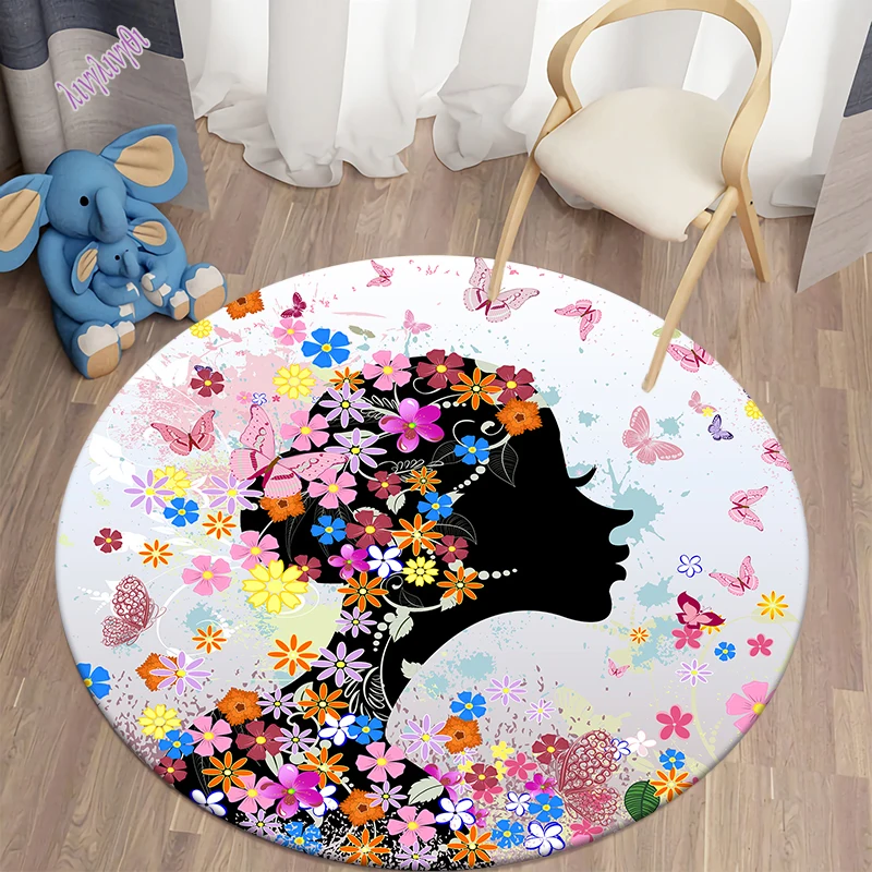 Butterfly Fairy Round Carpets for Living Room Rugs Soft Flannel Floor Area Rug Bedroom Carpet Mat for Children Kitchen Rug