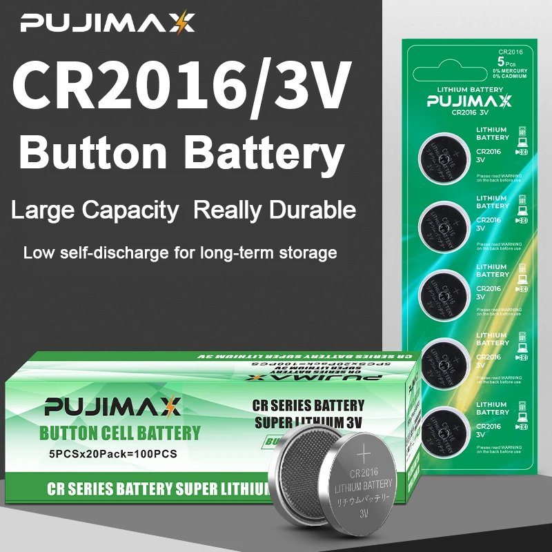 

PUJIMAX 100Pcs/Box Button Battery CR2016 3V Lithium Button Battery For Car Key Blood Glucose Meter Sensor High Energy Density