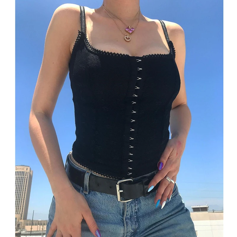 

Musuos Sexy Front Buckle Corsets Women Lace Trim Square Collar Spaghetti Straps Backless Push-up Slim Crop Tops Retro Streetwear