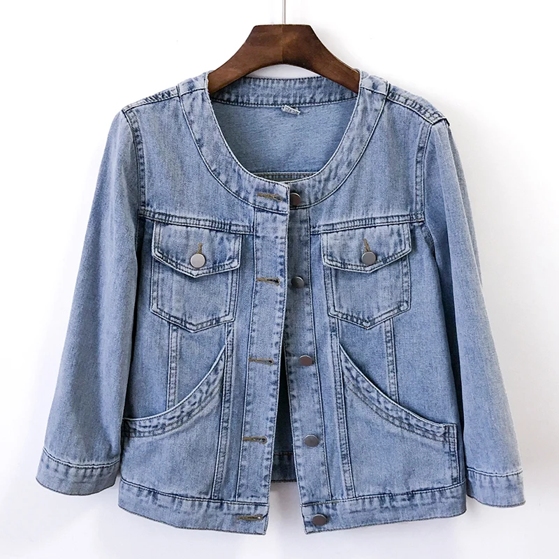 

Spring Summer Women O-Neck 3/4 Sleeve Thin Short Denim Jacket Slim Big Pocket Single-breasted Female Jeans Coat Chaqueta Mujer