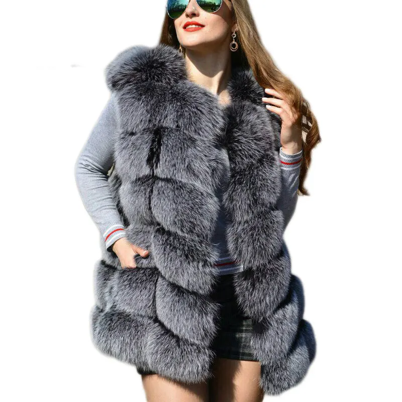 

Winter Faux Sliver Fox Fur Vest Women Fashion Medium Long Artifical Fox Waistcoat Ladies Thicken Warm Fluffy Fake Fox Fur Coats