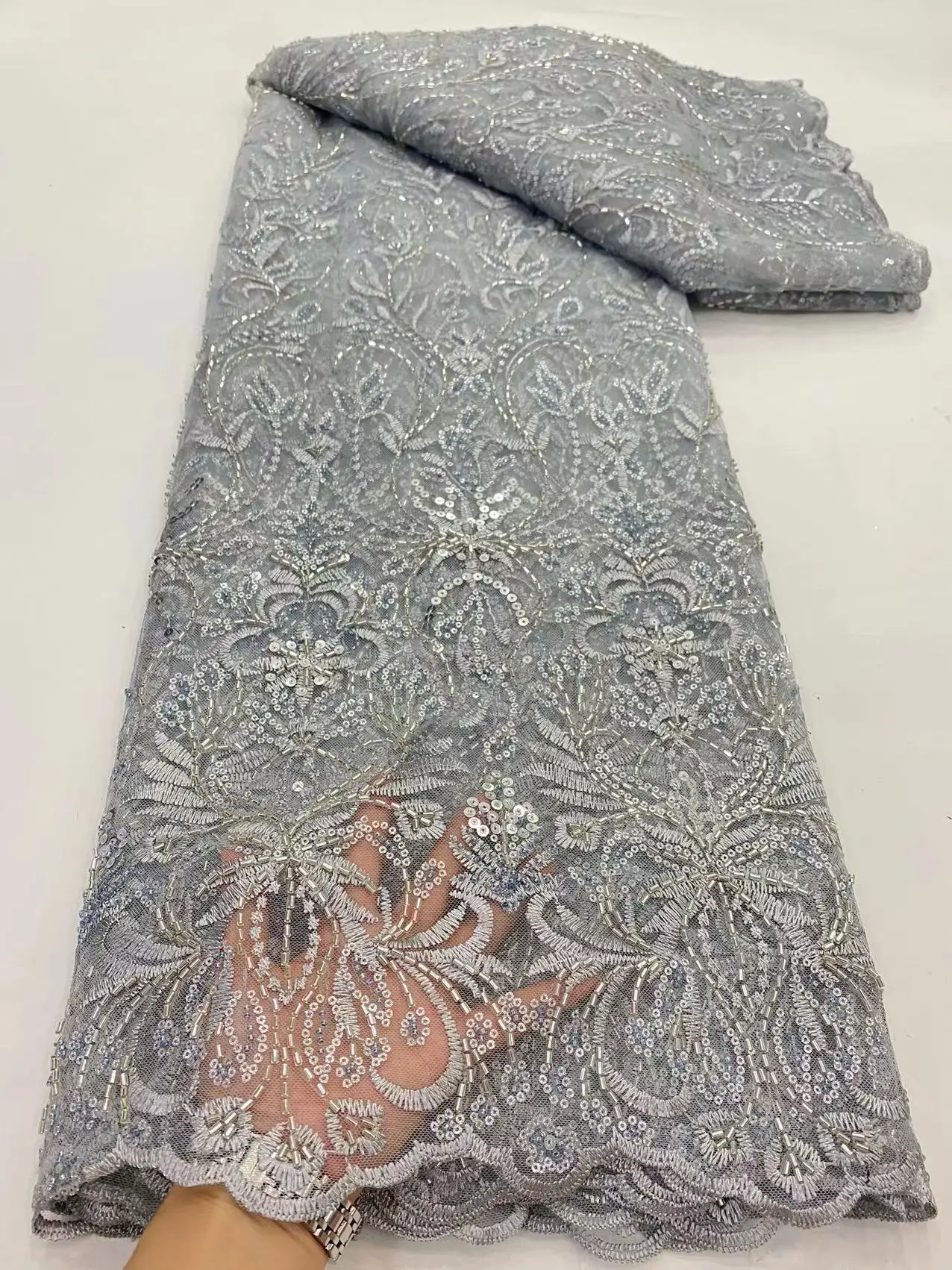 

African Lace Fabrics 2022 High Quality 5 Yards Lace Sequence Sequins Embroidery French Wedding Mesh Net Fabric For Party QF0093