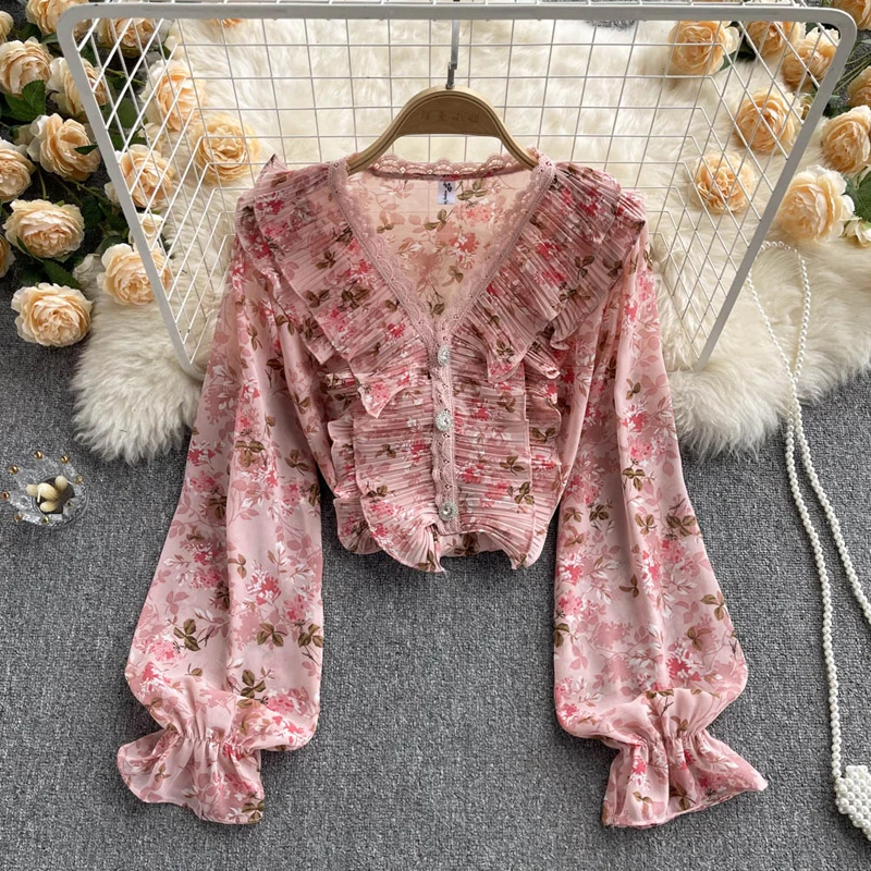 

Женская шифоновая блузка с длинным рукавом, офисная блузка большого размера с V-образным вырезом и цветочным принтом, весна-лето 2022