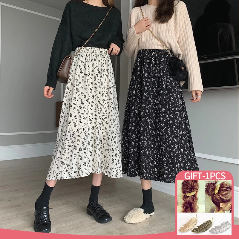 

Vintage Floral Print A-line Pleated Long Skirts Summer Women Korean Streetwear Drawstring Elastic Waist Midi Skirt