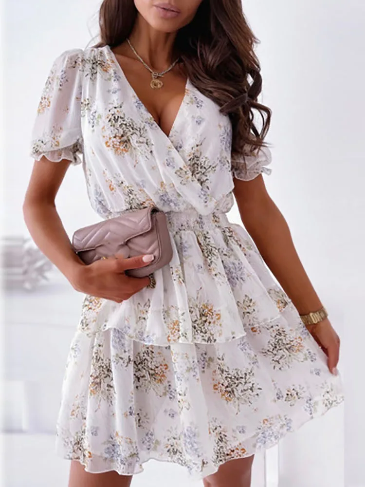 

Women's 2022 Sexy Summer Party Pleated Mini Dress Office Elegant Floral Ruffled Waist A-Line Dress Fashion V-Neck Chiffon Dress