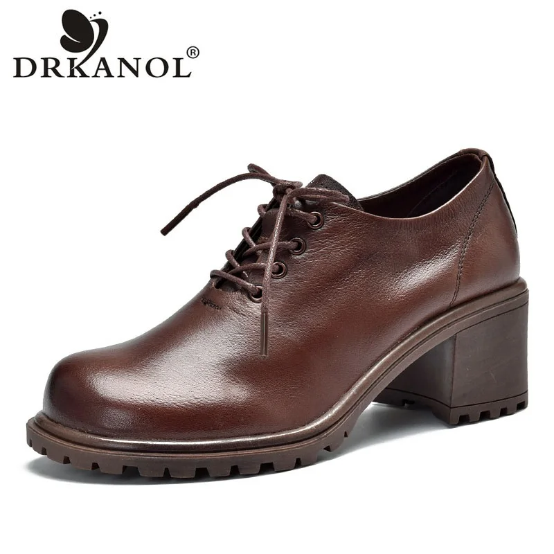 

DRKANOL Women Pumps 2022 Spring Autumn 100% Genuine Cow Leather High Heel Shoes Handmade Retro Low Top Thick Heel Leisure Shoes