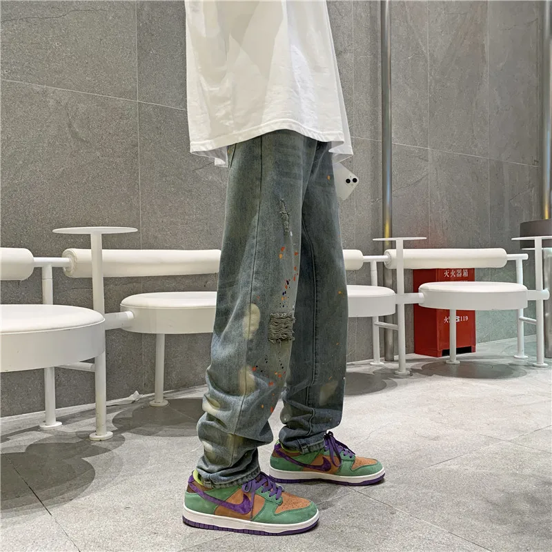 Tie-dye Jeans Men's Loose Korean Version Trend Casual Ins High Street Retro Trousers Baggy Jeans Men's Y2K Straight-leg Pants