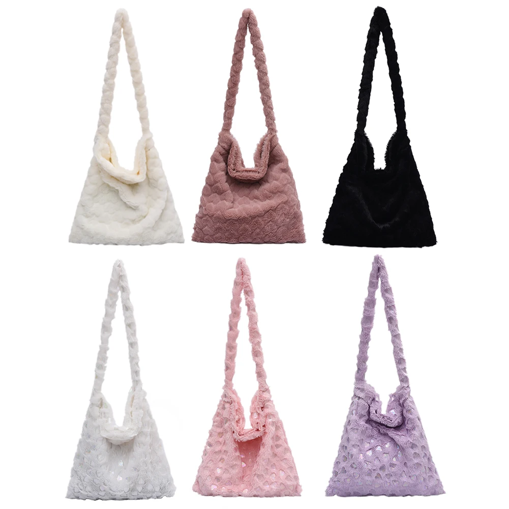 

Women Soft Warm Plush Heart Pattern Handbags Autumn Winter Large Capacity Shoulder BagSoft Fur Solid Color Travel Handbag