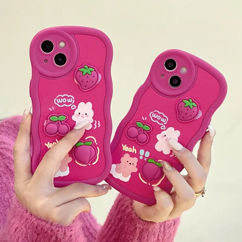 

Корейский Симпатичный 3D мультяшный клубничный медведь защитный чехол для iPhone 14 13 12 11 Pro Max XS XR X волнистая рамка противоударный мягкий чехол
