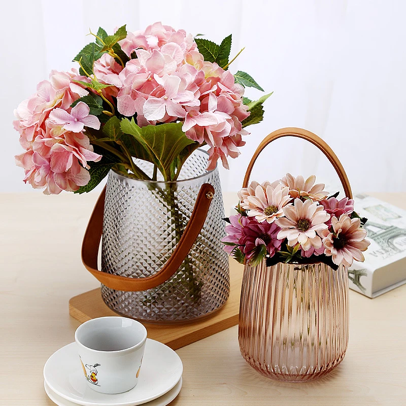 

Скандинавская стеклянная бутылка для хранения с кожаной ручкой, простой скандинавский Настольный контейнер для хранения еды в виде цветов, домашний декор