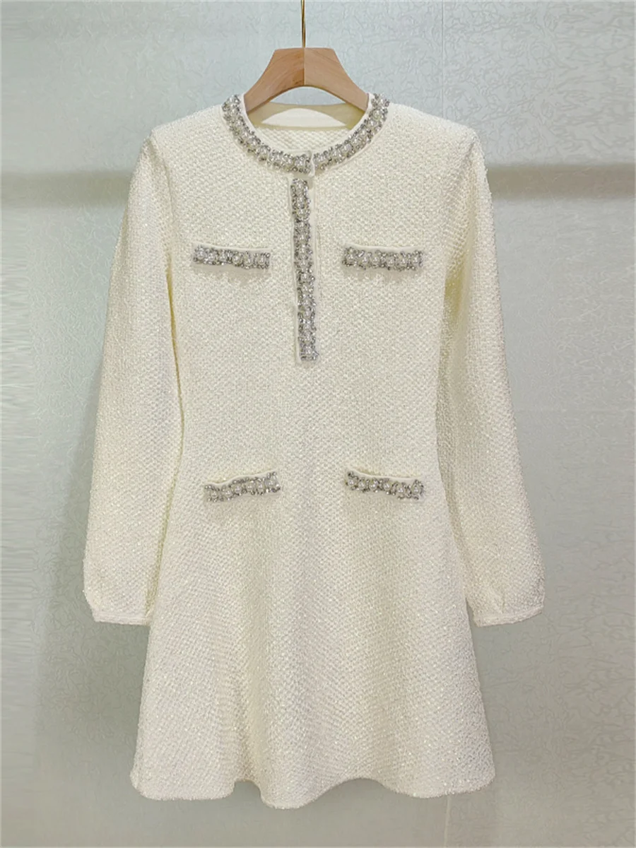 2023 весеннее женское вязаное платье с блестками и стразами жемчугом украшением