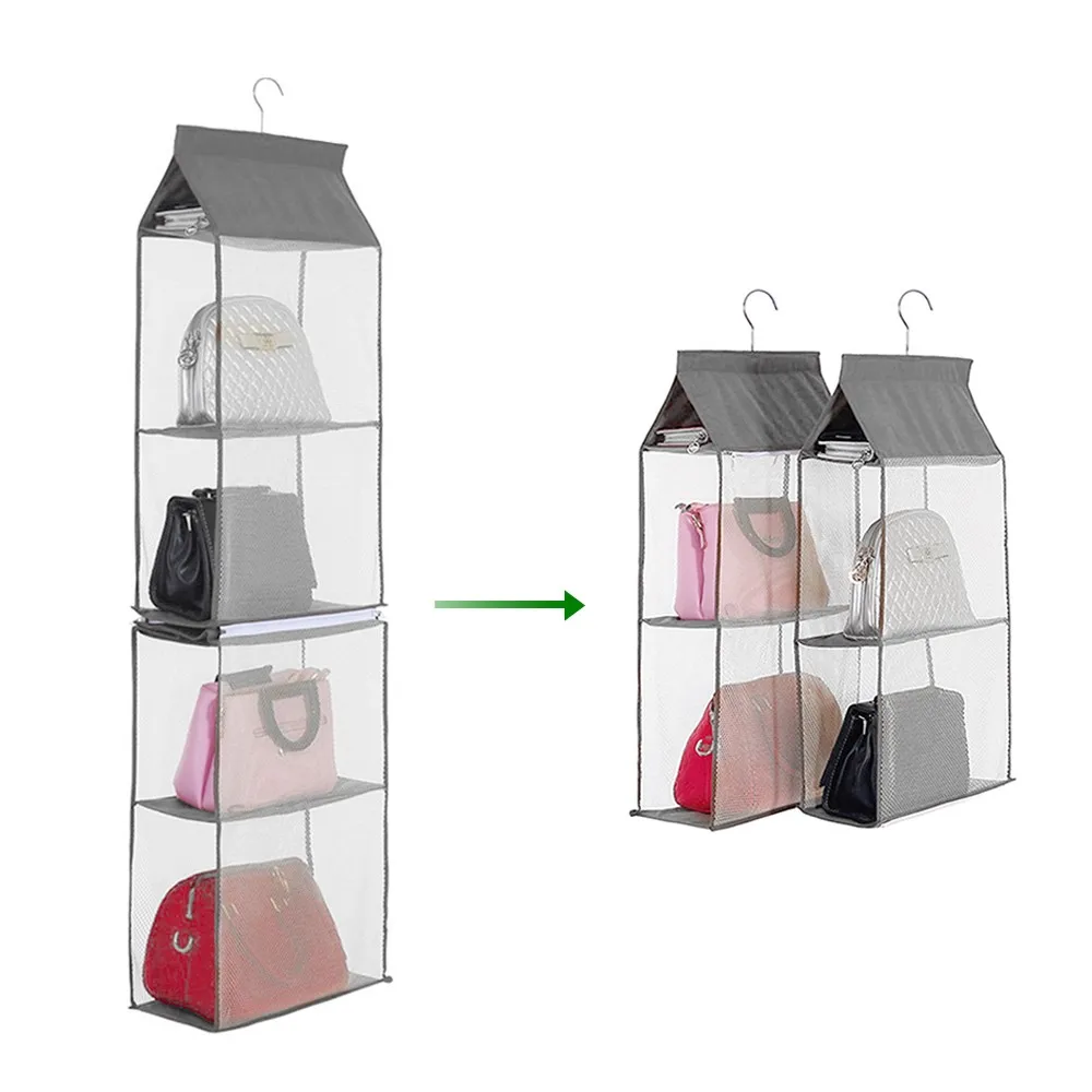

4-Tiers Non-woven Detachable Closet Bags Organizer Handbags Hanging Shelf Collapsible Clothing Accessories Storage Holder
