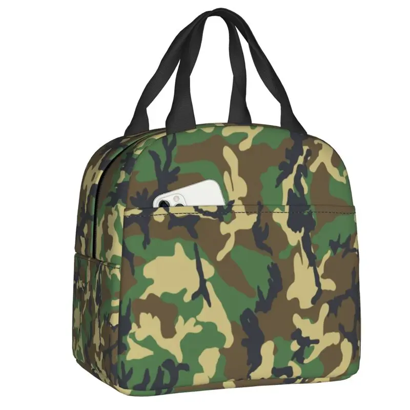 Military Woodland Camo Insulated Lunch Tote Bag for Women Army Tactical Camouflage Portable Cooler Thermal Food Lunch Box School