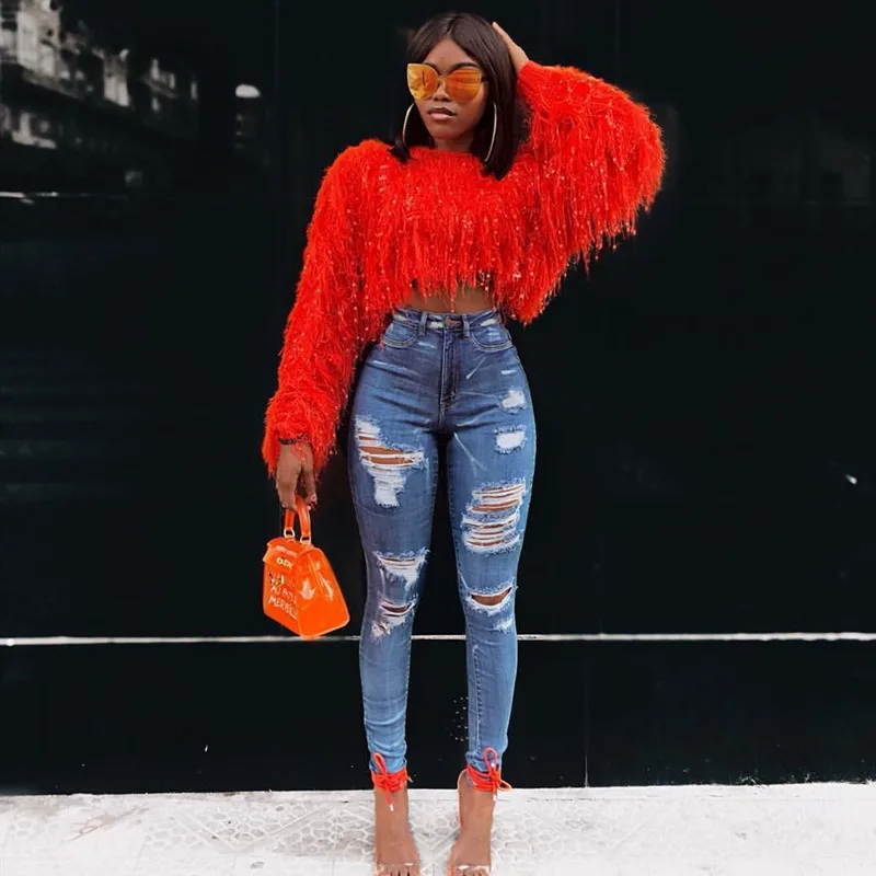 Oversized Fringe Tassel Sweater Knitted Pullover Women 2022 Fashion Spring Winter Fur Crop Tops Europe and America Streetwear