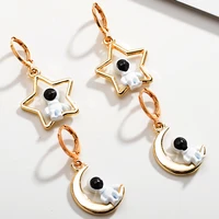 2pairs new fashion earrings jewelry alloy acrylic hollow 3d design star moon astronaut unisex pendant hoop earrings creative set