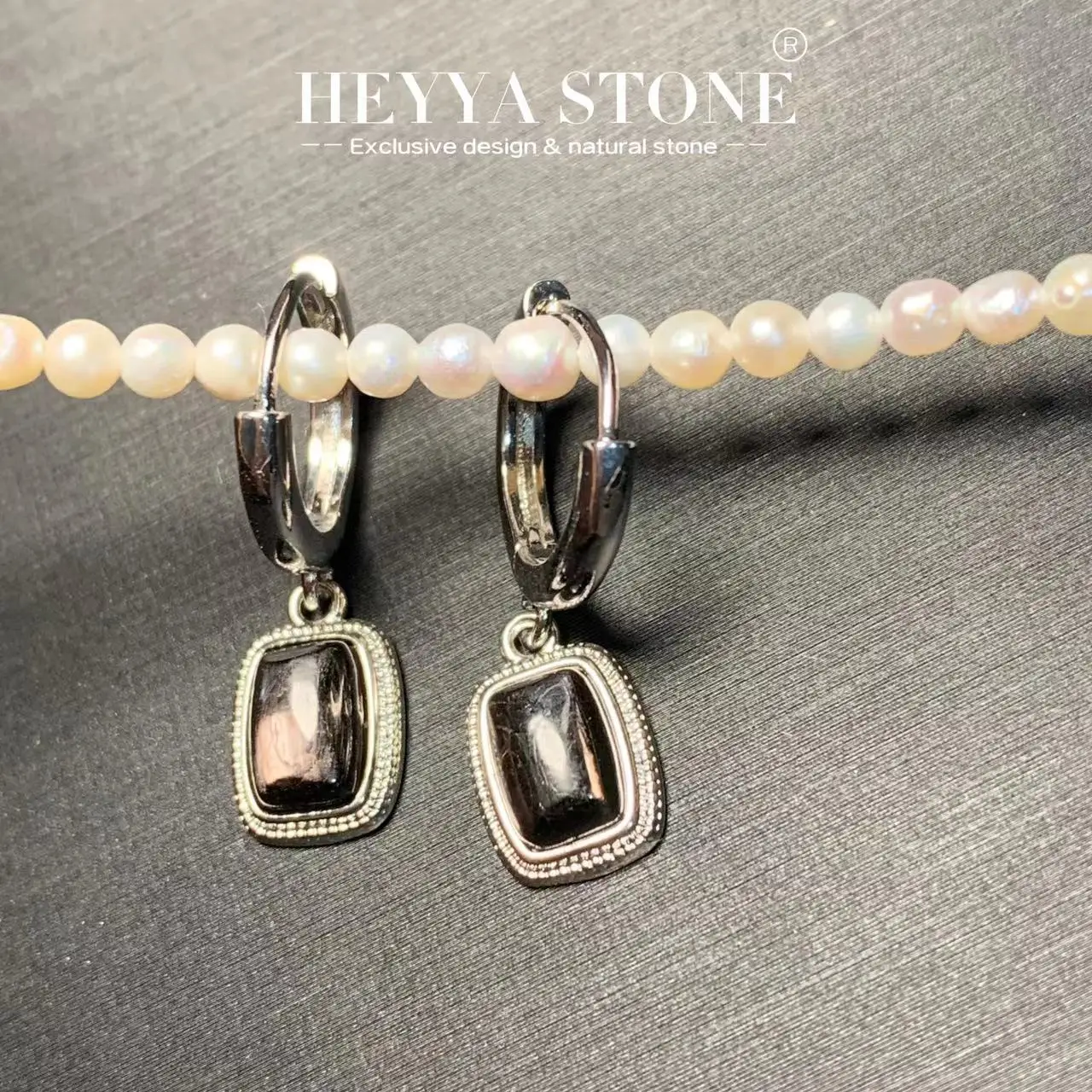 Серьги-кольца HEYYA STONE из натурального гиперстогенного камня