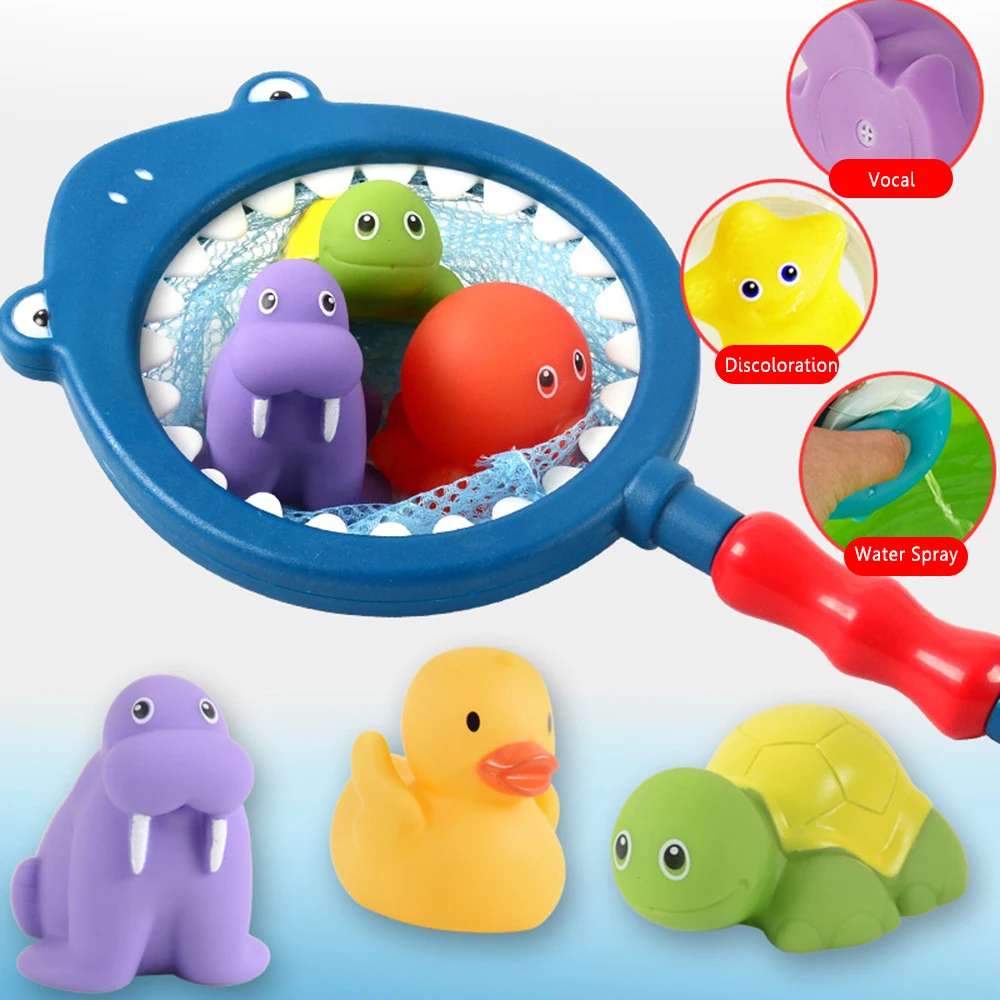 

Baby Bath Toys Finding Fish Kids Float Spray Water Squeeze Aqua Soft Rubber Children's Bathroom Animals Toys With Mesh Bascket