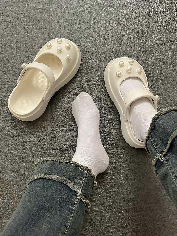 

Med Slippers Casual Flat Shoes Female Slides Slipers Women Cover Toe String Bead Platform Luxury 2023 Summer Rome Mary Janes Rub